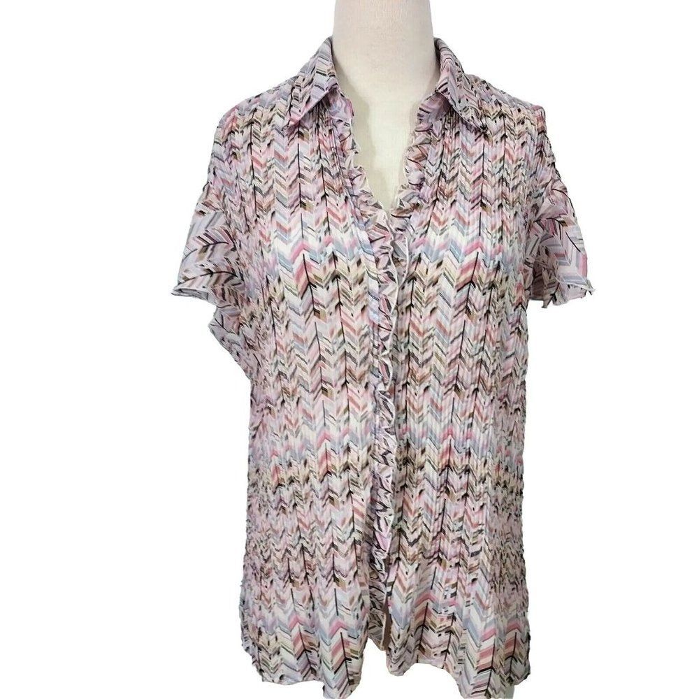 Dressbarn Shirt Top Plus 2X Short Petal Sleeve Ruffled Button Up Lightweight